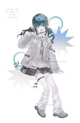  1girl absurdres black_choker black_skirt blue_eyes blue_hair blunt_bangs choker collared_shirt full_body grey_jacket hair_ornament hair_ribbon heilanshuimuchu heterochromia highres jacket long_hair long_sleeves looking_at_viewer low_twintails open_clothes open_jacket open_mouth original pleated_skirt ribbon shirt shoes simple_background skirt smile socks solo thigh_strap twintails white_background white_shirt white_socks 