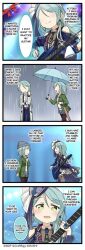 2girls 4koma bang_dream! blue_hair blue_rose comic english_text faceless faceless_female gloves guitar hikawa_hina hikawa_sayo holding_instrument holding_umbrella instrument long_sleeves official_art rose siblings sisters speech_bubble umbrella white_gloves