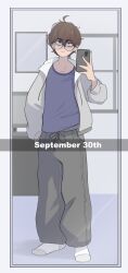  1boy ahoge bags_under_eyes blue_eyes blue_shirt brown_hair brown_pants cellphone character_request check_copyright closed_mouth collarbone commentary copyright_request english_commentary english_text glasses grey_jacket hand_in_pocket highres holding holding_phone jacket light_frown long_sleeves mirror_selfie no_shoes original pants phone sealguy selfie shirt short_hair smartphone socks solo unkempt white_socks 