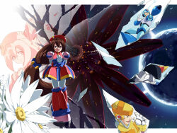  1girl 4boys android arm_cannon armor beret blue_armor broken_glass brown_hair chest_jewel clenched_teeth closed_eyes closed_mouth crying double_(mega_man) dress earth_(planet) facial_hair flower forehead_jewel full_body general_(mega_man) glass gloves green_eyes hands_on_own_chest hat helmet iris_(mega_man) jewelry long_hair looking_at_viewer low-tied_long_hair lower_teeth_only may_(nicoseiga_32709921) mega_man_(series) mega_man_x4 mega_man_x_(series) multicolored_dress multiple_boys mustache peaked_cap planet ponytail red_hat shoulder_armor smile teeth weapon white_flower white_gloves x_(mega_man) yellow_armor zero_(mega_man) 