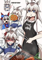  2girls absurdres ahoge angry animal_ears apron beer_bottle belly big_belly black_apron black_pants blood blue_eyes blue_hairband blue_jacket blue_sailor_collar blue_skirt bottle carrot cheek_bulge closed_eyes cooking ear_covers ear_ornament eating english_text fang food glutton grey_hair grey_tail grill grilling hair_between_eyes hair_ornament hairband headband highres holding holding_bottle holding_tongs horse_ears horse_girl horse_tail jacket kasamatsu_tracen_training_uniform lad_der lightning_bolt_symbol long_hair long_sleeves lunchbox multicolored_hair multicolored_jacket multiple_girls navel neckerchief oguri_cap_(starlight_beat)_(umamusume) oguri_cap_(umamusume) open_clothes open_jacket open_mouth pants purple_jacket red_headband sailor_collar sharp_teeth shirt short_sleeves skirt speech_bubble steak stomach striped_clothes striped_hairband surprised tail tamamo_cross_(umamusume) tamamo_cross_(with_lightning_speed)_(umamusume) teeth tongs track_jacket track_suit two-tone_jacket umamusume very_long_hair white_jacket white_shirt 