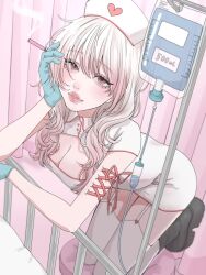  1girl aegyo_sal aqua_gloves arm_piercing bed black_boots blurry boots breasts chair cigarette cleavage_cutout clothing_cutout collared_dress colored_tips corset_piercing curtains depth_of_field dress eyelashes full_body garter_belt gloves gradient_hair hat head_rest highres hospital_bed indoors iv_stand kneeling light_blush long_hair looking_at_viewer medium_breasts multicolored_hair nurse nurse_cap on_chair original parted_lips pink_hair platform_boots red_trim round_collar short_dress short_sleeves smoke tamori_(tamori_www) thick_lips thigh-highs two-tone_hair wavy_hair white_dress white_garter_belt white_hair white_thighhighs 