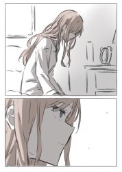  1girl absurdres alarm_clock bang_dream! bang_dream!_it&#039;s_mygo!!!!! blue_eyes brown_hair clock closed_mouth commentary_request highres kanade_(kanade_3344) long_hair long_sleeves nagasaki_soyo pajamas shirt sidelocks 