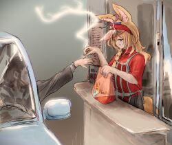  1boy 1girl animal_ear_fluff animal_ears apron bag blonde_hair braid breasts car cigarette drive-thru employee_uniform exhausted fast_food fast_food_uniform fox_ears fox_girl fox_tail highres holding holding_bag holding_cigarette hololive long_hair motor_vehicle nymph_rhythm omaru_polka red_shirt shirt side_braid single_braid smoke symbol-shaped_pupils tail violet_eyes virtual_youtuber visor_cap 
