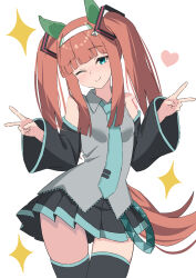  1girl alternate_costume alternate_hairstyle animal_ears black_skirt black_sleeves black_thighhighs blue_eyes blue_necktie blunt_bangs blush closed_mouth cosplay detached_sleeves double_v ear_covers grey_shirt hairband hatsune_miku hatsune_miku_(cosplay) highres horse_ears horse_girl horse_tail long_hair looking_at_viewer necktie number_tattoo one_eye_closed orange_hair saburo_(zwzf5873) shirt shoulder_tattoo sidelocks silence_suzuka_(umamusume) skirt smile solo tail tattoo thigh-highs twintails umamusume v vocaloid white_hairband 