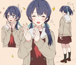  1girl black_socks blue_eyes blue_hair blue_ribbon blush brown_background brown_cardigan brown_dress cardigan closed_eyes commentary cropped_torso dress hair_ribbon hands_up hasu_no_sora_school_uniform heart highres kneehighs link!_like!_love_live! loafers long_hair long_sleeves love_live! low_twintails multiple_views murano_sayaka neckerchief open_cardigan open_clothes open_mouth ponytail red_neckerchief ribbon sailor_collar sailor_dress school_uniform shoes simple_background skt_(ryxxxxx) smile socks sparkle standing sweatdrop twintails white_sailor_collar winter_uniform 