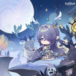  1girl antler_ornament antlers chibi commentary crossed_bangs deer dot_nose dress earrings english_commentary full_moon genshin_impact hair_intakes hair_over_one_eye hands_up high_heels highres horns interlocked_fingers jewelry lauma_(genshin_impact) long_hair moon night night_sky official_art outdoors own_hands_together pointy_ears purple_hair sitting sky tree very_long_hair vision_(genshin_impact) 