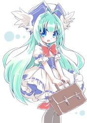  1girl antenna_hair bag blue_collar blue_eyes blue_hat blue_ribbon brown_thighhighs collar dress emil_chronicle_online fly_fish_alma frilled_dress frills green_hair hat head_wings holding holding_bag long_hair neck_ribbon open_mouth polka_dot polka_dot_background red_ribbon ribbon sailor_collar school_bag solo thigh-highs two-tone_hat white_background white_dress white_hat white_wings wings yusa_yuyu 