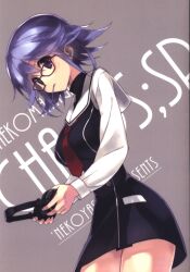  1girl black_sweater blue_hair breasts chaos;child dress_vest from_below from_side glasses headphones hekiho_academy_school_uniform highres holding holding_headphones kazuki_hana lollipop_in_mouth long_sleeves looking_at_viewer medium_breasts miniskirt necktie official_art red-framed_eyewear red_necktie sailor_collar sailor_shirt sasaki_mutsumi school_uniform science_adventure shirt short_hair short_necktie skirt solo sweater turtleneck violet_eyes white_sailor_collar 