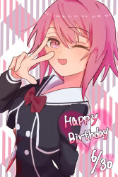  1girl ;d blush bow breasts chaos;child character_name hair_between_eyes hand_up happy_birthday hekiho_academy_school_uniform highres jacket long_sleeves looking_at_viewer one_eye_closed onoe_serika open_mouth pink_eyes pink_hair red_bow sailor_collar school_uniform science_adventure shirt short_hair smile solo upper_body v zyagaimonium 