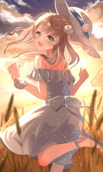  1girl :d alternate_costume back_bow backlighting blonde_hair blurry blurry_foreground blush bow braid clouds commentary_request depth_of_field dottomadayo dress from_behind green_eyes hair_ornament hat highres indie_virtual_youtuber looking_at_viewer looking_back off-shoulder_dress off_shoulder official_alternate_hair_length official_alternate_hairstyle open_mouth overexposure pom_pom_(clothes) pom_pom_hair_ornament pom_pom_hat_ornament sandals shigure_ui_(vtuber) side_braid smile solo sun_hat sundress sunset virtual_youtuber w_arms wheat_field white_dress witch_hat 