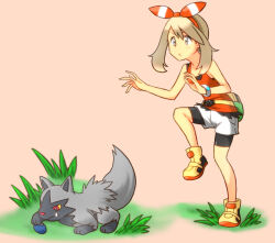  1girl bike_shorts bike_shorts_under_shorts black_shorts blush bracelet bright_pupils brown_hair closed_mouth colored_sclera commentary_request eyelashes fang fanny_pack full_body grass grey_eyes hairband ichiran jewelry may_(pokemon) mega_ring mega_stone pokemon pokemon_(creature) pokemon_oras poochyena red_eyes red_hairband red_shirt red_tank_top shirt shoes short_hair shorts simple_background sleeveless sleeveless_shirt sneaking standing standing_on_one_leg tank_top white_pupils white_shorts yellow_sclera yellow_shoes 