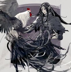  1boy belt bird black_hair brooch chicken elezen elf final_fantasy final_fantasy_xiv grey_background jewelry long_hair looking_at_animal pointy_ears solo very_long_tail yabuka_shiwa 