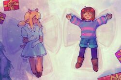  1girl 1other antlers black_pantyhose blonde_hair blue_dress blue_shorts blue_sweater boots box brown_boots brown_fur brown_hair closed_eyes commentary deer_antlers deer_tail double_horizontal_stripe dress english_commentary frisk_(undertale) furry furry_female gift gift_box gloves highres hooves horns noelle_holiday on_ground pantyhose pantyhose_under_shorts shorts smile snow snow_angel striped_clothes striped_sweater sweater tail undertale utdr_(toby_fox) ventalizm white_gloves 