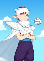  1girl cape clouds cosplay crossed_arms dasdokter dragon_ball dragon_ball_z highres hololive hololive_english irys_(hololive) pants piccolo piccolo_(cosplay) pointy_ears sash sky solo turban virtual_youtuber 