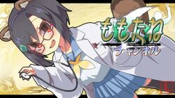  1girl animal_ears black_hair black_thighhighs blue_sailor_collar blue_skirt blush bob_cut breasts brown_eyes coat cowboy_shot fang glasses hair_between_eyes hair_ornament hairband hairclip hand_on_own_hip hand_up holding holding_stethoscope lab_coat logo looking_at_viewer non-web_source open_clothes open_coat open_mouth pleated_skirt purple_hairband raccoon_ears raccoon_tail rectangular_eyewear red-framed_eyewear ryuki_(sangokushi_taisen) sailor_collar sangokushi_taisen school_uniform serafuku short_hair sidelocks skin_fang skirt small_breasts smile solo standing stethoscope tail thigh-highs tsurime wazawogi_(wzog) white_coat 