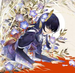  1girl absurdres arm_support black_hair blood blood_from_eyes blood_splatter blue_flower blue_hair bud chinese_commentary commentary_request crying duplicate floral_background floral_print flower from_side genshin_impact gentiana_(flower) hair_flower hair_ornament hair_over_eyes hands_on_ground highres japanese_clothes kimono layered_sleeves leaf long_hair long_sleeves lying nnikko obi on_stomach parted_lips petals plant pool_of_blood profile purple_flower purple_kimono raiden_shogun sash solo tassel tassel_hair_ornament tasuki turtleneck upper_body watermark 