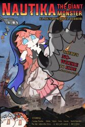  1boy 4girls aircraft airplane black_dress black_hat black_veil blue_veil buddy_fairchild building centauroid character_name checkered_hairband chibi chimera city destruction dress english_text giant giantess grey_hair hairband hat helicopter highres leg_up looking_up moldir_(reverse:1999) monster_girl multiple_girls nautika_(reverse:1999) o3o official_art open_mouth orange_hair pink_hair reverse:1999 ruins sonetto_(reverse:1999) talons taur tokyo_tower two-tone_veil ulrich_(reverse:1999) veil vertin_(reverse:1999) 