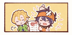  2boys :d =_= academic_test bare_shoulders black_hair black_shirt blonde_hair blue_necktie border chibi chibi_only closed_eyes green_jacket hanamaru head_bump injury jacket jojo_no_kimyou_na_bouken kasasagi_(hinagi) male_focus multiple_boys narancia_ghirga necktie pannacotta_fugo puff_of_air shirt short_hair smile sweatdrop test_score vento_aureo white_border yellow_background 