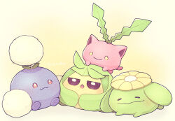  artist_name blush closed_eyes gradient_background highres hoppip jumpluff no_humans open_mouth pokemon pokemon_(creature) signature skiploom swadloon totennko white_background yellow_background 