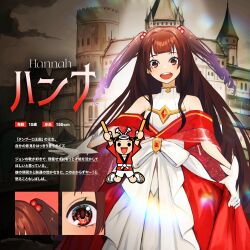 1girl absurdres alternate_art_style bandai_namco bare_shoulders black_eyes black_hair blunt_bangs cape castle character_name character_profile clothes_grab commentary_request covered_collarbone dot_nose dress drumsticks facing_viewer gem gloves hachimaki hair_bobbles hair_ornament half-skirt hannah_(wadiverse)_(taiko_no_tatsujin) happi headband height high_collar highres holding holding_drumsticks japanese_clothes jumping lens_flare long_hair long_sidelocks looking_at_viewer nejiri_hachimaki obi official_art open_mouth princess princess_dress red_cape red_gemstone red_happi red_skirt red_sleeves ringlets sandals sash second-party_source see-through_cape shorts sidelocks skirt skirt_grab sleeveless sleeveless_dress socks solid_circle_eyes tabi taiko_no_tatsujin takahashi_hana teeth three-quarter_sleeves tongue twintails two_side_up upper_teeth_only very_long_hair white_dress white_gloves white_sash white_shorts white_socks yellow_sandals zouri