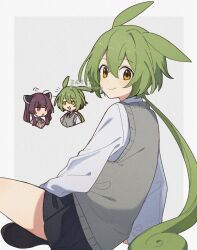  2girls :d :o animal_ears artist_name black_skirt black_socks blunt_bangs border brown_hair closed_mouth collared_shirt commentary_request corn_kuten double-parted_bangs full_body green_hair grey_background grey_sweater_vest hair_between_eyes long_hair long_sleeves looking_at_viewer multiple_girls open_mouth outside_border pleated_skirt puff_of_air red_eyes school_uniform shirt simple_background sitting skirt smile socks sweater_vest touhoku_kiritan twitter_username voiceroid voicevox white_border white_shirt yellow_eyes zundamon 