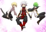  3boys arin66 belt blazblue blazblue_phase_0 blonde_hair boots cape closed_eyes elbow_gloves gloves green_eyes green_hair hair_over_eyes hakama hazama heterochromia holding_hands japanese_clothes jin_kisaragi kazuma_kuvaru multiple_boys open_mouth pants ragna_the_bloodedge red_eyes school_uniform silver_hair sweatdrop 