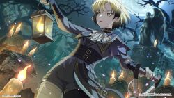  1girl alternate_costume artist_request bang_dream! blonde_hair candle castle clouds dress earrings feet_out_of_frame graveyard highres holding jewelry looking_at_viewer moon night night_sky official_alternate_costume official_art open_mouth outdoors sato_masuki short_hair silk sky solo spider_web standing statue tree yellow_eyes 