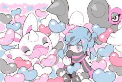  1boy black_mittens blue_eyes blue_hair boots cetitan cetoddle closed_eyes commentary_request evolutionary_line eyelashes grusha_(pokemon) heart hitsubaru long_sleeves mittens open_mouth pokemon pokemon_(creature) pokemon_sv scarf scarf_over_mouth sitting smile 