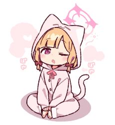  1girl animal_hood barefoot blonde_hair blue_archive blunt_bangs blush bow cat_hood cat_tail commentary_request drooling full_body hair_bow halo hood hood_up hoodie long_sleeves looking_at_viewer momoi_(blue_archive) mouth_drool one_eye_closed open_mouth pajamas pants pink_eyes pink_halo pink_hoodie pink_pants red_bow short_hair simple_background sitting solo tail white_background yoru_nai 