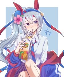  1girl animal_ears blue_eyes blue_hairband blue_jacket blue_necktie blue_skirt blush collared_shirt drinking_straw drinking_straw_in_mouth ear_covers ear_ornament flower grey_hair hair_between_eyes hair_flower hair_ornament hairband headband highres holding_carton horse_ears horse_girl imymemine_777 jacket juice_carton lightning_bolt_symbol long_hair long_sleeves necktie open_clothes open_jacket open_mouth pleated_skirt ponytail purple_nails red_headband red_necktie shirt side_ponytail skirt socks solo striped_clothes striped_hairband striped_necktie tamamo_cross_(umamusume) umamusume very_long_hair white_socks 