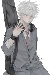  1boy absurdres alternate_costume api_(ppi_52) blue_eyes commentary guitar_case headphones headphones_around_neck highres hunter_x_hunter instrument_case instrument_case_on_back killua_zoldyck lollipop_in_mouth looking_at_viewer male_focus necktie short_hair simple_background solo sweater twitter_username white_background white_hair 