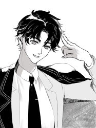  1boy absurdres blazer business_suit buttons coat_partially_removed collared_coat collared_jacket collared_shirt commentary_request diamond_earrings earrings fang fingernails greyscale hand_on_own_head happy highres jacket jewelry kohanai_setsuna lapels layered_sleeves long_sleeves looking_at_viewer male_focus messy_hair monochrome multicolored_hair necktie nikki_(series) notched_lapels open_clothes open_jacket open_mouth parted_bangs rien_(shining_nikki) shining_nikki shirt short_hair simple_background smile solo streaked_hair stud_earrings suit thick_eyebrows upper_body white_background 