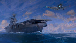  6+boys aircraft aircraft_carrier airplane anchor artist_name clip_studio_paint_(medium) clouds english_commentary highres julien_lepelletier landing_gear mast military military_uniform military_vehicle multiple_boys naval_uniform naval_working_uniform night night_sky ocean original outdoors roundel sailing sbd_dauntless ship signature sky smokestack takeoff uss_yorktown_(cv-5) vehicle_focus warship watercraft waves world_war_ii 