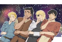  4boys ? ahju2376423 albert_brudzewski_(chi.) badeni belt belt_buckle black_belt black_eyes black_hair black_pantyhose black_tunic blonde_hair blue_eyes blue_jacket border brown_vest buckle chi.:_chikyuu_no_undou_ni_tsuite eyepatch hair_bun hand_on_own_chin highres jacket letterboxed male_focus medium_hair multiple_boys oczy pantyhose parted_bangs ponytail rafal_(fire_emblem) red_shirt scar scar_on_cheek scar_on_face scar_on_nose shirt short_hair star_(sky) starry_sky_background sweatdrop tonsure tunic vest white_border white_shirt 
