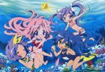  air_bubble bikini bubble coral fish flippers glasses highres hiiragi_kagami hiiragi_tsukasa izumi_konata lucky_star megami official_art one-piece_swimsuit pinup scan school_swimsuit star star_print starfish swimsuit takara_miyuki twins underwater water yamada_naoko 