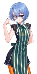  1girl absurdres apron arm_behind_back black_dress blue_eyes blue_hair chrispy_tuna closed_mouth collared_dress commentary_request cowboy_shot double-parted_bangs dress english_commentary glasses green_apron hair_between_eyes hand_up highres hololive hoshimachi_suisei hoshimachi_suisei_(casual) lace lace_sleeves looking_at_viewer official_alternate_costume orange_pantyhose pantyhose short_dress short_hair short_sleeves simple_background smile solo star_(symbol) star_in_eye striped_apron striped_clothes symbol_in_eye virtual_youtuber white_background 