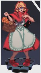  1girl absurdres apron artist_name b.b._hood basket black_background blonde_hair blue_eyes border bow capelet clenched_hand combat_knife commission darkstalkers dress flower flower_basket fluffy_hair glowing glowing_eyes hand_on_own_chest hand_up highres holding hood hooded_capelet knife open_hand open_mouth picnic_basket pigeon-toed pom_pom_(clothes) red_bow red_dress red_hood red_shoes shaded_face shadow shoes short_hair smile solo standing techfuzz teeth upper_teeth_only weapon white_border 