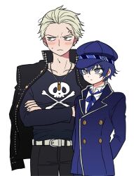  1boy 1girl androgynous arms_behind_back belt black_jacket black_pants black_shirt blonde_hair blue_coat blue_hair blue_hat blue_ribbon blush brown_eyes buttons closed_mouth coat commentary_request cowboy_shot crossed_arms double-breasted facing_to_the_side facing_viewer frown grey_eyes hair_between_eyes hair_slicked_back hat highres jacket jacket_on_shoulders jewelry long_sleeves looking_ahead looking_to_the_side necklace pants persona persona_4 qnfrjswjsrmfla reverse_trap ribbon scar scar_on_face school_uniform shirogane_naoto shirt short_hair simple_background skull_and_crossbones skull_print sweatdrop tatsumi_kanji very_short_hair white_background white_shirt yasogami_school_uniform 