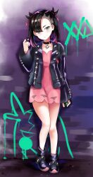  1girl absurdres asymmetrical_bangs black_boots black_choker black_hair black_jacket boots choker dress dusk_ball full_body graffiti green_eyes hair_ribbon highres holding holding_poke_ball jacket looking_at_viewer marnie_(pokemon) morpeko morpeko_(hangry) pink_dress poke_ball pokemon pokemon_swsh ribbon solo standing thighs twintails undercut uno_(unoirasuto) 