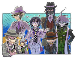  1girl 6+boys ^^^ adapted_costume ahoge alternate_costume amami_rantaro android black_coat black_eyes black_hair black_hat black_jacket black_kimono black_mask black_neckerchief black_pants blazer blonde_hair blue_background blush_stickers border bow bowler_hat bowtie brown_hair brown_hat brown_vest buttons checkered_clothes checkered_kimono checkered_neckerchief cigarette closed_mouth coat collared_jacket collared_shirt colored_lapels commentary_request covered_mouth danganronpa_(series) danganronpa_2:_goodbye_despair danganronpa_v3:_killing_harmony determined dress_pants dress_shirt emphasis_lines expressionless fake_horns fingernails flower formal_clothes frown furrowed_brow glasses gold_buttons green_coat green_eyes green_hair green_sash grey_hair grey_hat grey_jacket hair_between_eyes hair_flower hair_ornament hand_in_pocket hand_on_own_chest hand_up hands_in_pockets hands_on_own_hips haori happy hat height_difference holding holding_sword holding_weapon horned_headwear horns hoshi_ryoma in-franchise_crossover jacket japanese_clothes k1-b0 kimono kumakoro_(tetsupag) kuzuryu_fuyuhiko lapel_pin lapels layered_sleeves light_frown long_hair long_sidelocks long_sleeves looking_to_the_side male_focus mask messy_hair mouth_hold mouth_mask multiple_boys neckerchief necktie nervous nervous_smile notched_lapels obi oma_kokichi open_clothes open_coat open_jacket open_mouth orange_eyes outline outside_border pale_skin pants parted_bangs pekoyama_peko pinstripe_jacket pinstripe_pattern plaid_clothes plaid_jacket pointy_nose purple_hair purple_necktie red_flower red_vest sash shaded_face sheath sheathed shinguji_korekiyo shirt short_hair short_male side_ponytail sidelocks smile standing stole straight_hair suit sweatdrop sword traditional_bowtie translation_request turn_pale two-tone_kimono two-tone_neckerchief unmoving_pattern very_long_hair vest walking weapon white_border white_hair white_hat white_jacket white_kimono white_neckerchief white_outline white_pants white_shirt white_suit white_vest wide_sleeves wing_hair_ornament yellow_bow yellow_bowtie zipper 