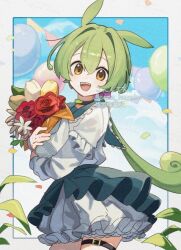  1girl :d animal_ears balloon belt black_choker border bouquet bow choker clouds commentary confetti corn_kuten cowboy_shot day double-parted_bangs flower green_hair green_sailor_collar green_skirt hair_between_eyes hair_bow holding holding_bouquet long_hair long_sleeves looking_at_viewer low_ponytail open_mouth outdoors outside_border pink_bow ponytail red_flower red_rose rose sailor_collar shirt skirt smile solo symbol-only_commentary thigh_belt thigh_strap tulip voicevox watermark white_border white_flower white_shirt white_tulip yellow_eyes yellow_flower yellow_tulip zundamon 