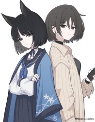  2girls absurdres animal_ears bellflower bikini black_bikini black_choker black_eyes black_hair black_nails blue_archive blue_cape blue_sailor_collar cape cat_ears cat_girl cellphone chinese_bellflower choker crossed_arms daizey_cookie floral_print flower highres holding holding_phone kikyou_(blue_archive) looking_at_viewer misaki_(blue_archive) misaki_(swimsuit)_(blue_archive) multiple_girls phone sailor_collar school_uniform serafuku shirt simple_background smartphone striped_clothes striped_shirt swimsuit vertical-striped_clothes vertical-striped_shirt white_background 