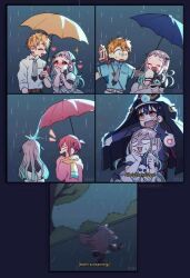  1girl 4boys ^_^ aqua_hair artist_name bandaid bandaid_on_cheek bandaid_on_face belt belt_buckle black_pants black_sailor_collar black_veil blonde_hair blue_shirt blue_umbrella blush breast_pocket buckle bush character_request chicheesticks closed_eyes clouds cloudy_sky collared_shirt copyright_request covered_mouth dress english_text eyelashes from_behind gradient_hair grey_belt grey_hair hair_between_eyes hairpods hand_on_own_chin hetero laughing long_sleeves looking_at_another medium_dress messy_hair multicolored_hair multiple_boys multiple_views necktie night no_pupils notice_lines open_mouth outdoors own_hands_together pants pink_eyes pink_sweater plaid_clothes plaid_necktie pocket ponytail pouring puffy_short_sleeves puffy_sleeves rain red_eyes red_hair sailor_collar scarf shared_umbrella shirt short_hair short_ponytail short_sleeves sky sleeve_cuffs sleeves_past_wrists smile sweater third-party_source three-quarter_sleeves tree turn_pale two-tone_hair umbrella veil wet white_belt white_dress white_necktie white_pants white_shirt yellow_scarf yellow_umbrella 