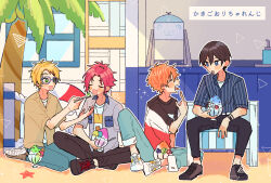  4boys akehoshi_subaru arm_between_legs bangs_pinned_back black_hair black_pants blonde_hair blue-framed_eyewear blue_eyes blue_pants blue_shirt blush bowl chair closed_eyes crossed_legs ensemble_stars! feeding food full_body glasses green_eyes hair_between_eyes hidaka_hokuto highres holding holding_bowl holding_spoon index_finger_raised indian_style isara_mao jacket male_focus multiple_boys on_chair on_ground open_clothes open_jacket open_mouth orange_hair palm_tree pants pinstripe_pattern pinstripe_shirt pointing pointing_at_self red_hair shaved_ice shirt short_hair short_sleeves sitting smile spoon tongue tongue_out tree trickstar_(ensemble_stars!) yuuki_makoto_(ensemble_stars!) zu_tonatuyasumi 