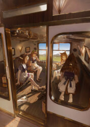  4girls absurdres ak8531848 animal_ears blue_eyes blue_sky blunt_bangs blush bow bowtie breasts brown_hair closed_eyes cup disposable_coffee_cup disposable_cup ear_bow ear_covers ear_ornament ear_ribbon el_condor_pasa_(umamusume) field grass grass_wonder_(umamusume) green_eyes hair_ornament hairband highres horse_ears horse_girl horse_tail long_hair mountainous_horizon multicolored_hair multiple_girls open_mouth orange_hair ponytail puffy_short_sleeves puffy_sleeves purple_bow purple_bowtie purple_sailor_collar purple_serafuku purple_shirt purple_skirt sailor_collar sailor_shirt school_uniform seiza serafuku shirt shoes short_hair short_sleeves silence_suzuka_(umamusume) sitting skirt sky smile special_week_(umamusume) suitcase tail teeth thigh-highs tracen_school_uniform train_interior two-tone_hair umamusume white_hair white_hairband white_sailor_collar white_skirt white_thighhighs window 