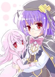  2girls ahoge beret black_cloak black_dress black_hat black_ribbon brown_dress cloak colored_skin dress emil_chronicle_online glasses hat hat_ribbon hug monster_girl multiple_girls neck_ribbon paracelsus_lore pink_skin purple_hair red_eyes red_ribbon ribbon shirt sleeveless sleeveless_dress slime_girl two-tone_dress white_background white_shirt yusa_yuyu 