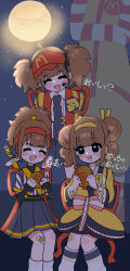  1boy 3girls absurdres ahoge bacon bandaid bandaid_on_leg black_eyes black_necktie black_shirt black_shorts blush blush_stickers brown_hair burger closed_eyes commentary_request crossed_arms double_bun food hair_bun hamagurino_sakamushi hat headset highres holding holding_burger holding_food imadake_dabuchi_tabemi imadake_tsukimi_tabemi mcdonald&#039;s moon multiple_girls necktie night night_sky open_mouth outdoors pants red_hat red_shoes red_sleeves red_socks ronald_mcdonald samurai_tamago_tabemi shirt shoes shorts sitting sky socks standing star_(sky) starry_sky striped_clothes striped_sleeves striped_socks sword sword_on_back weapon weapon_on_back white_sleeves white_socks yellow_pants yellow_shirt 
