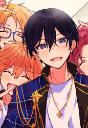  4boys akehoshi_subaru black_hair blonde_hair blue-framed_eyewear blue_eyes blue_jacket closed_eyes ensemble_stars! glasses hair_between_eyes hidaka_hokuto highres index_finger_raised isara_mao jacket jewelry looking_at_viewer male_focus multiple_boys necklace open_clothes open_jacket open_mouth orange_hair red_hair short_hair smile trickstar_(ensemble_stars!) upper_body yuuki_makoto_(ensemble_stars!) zu_tonatuyasumi 