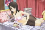  1girl armpits bed bedroom bike_shorts black_bike_shorts black_hair blush bra breasts brown_eyes cleavage echizen_ryoma fujiyoshi_harumi fujoshi glasses highres lingerie loveless lying manga_(object) midriff navel on_side pillow reading sayonara_zetsubou_sensei tennis_no_ouji-sama underwear 